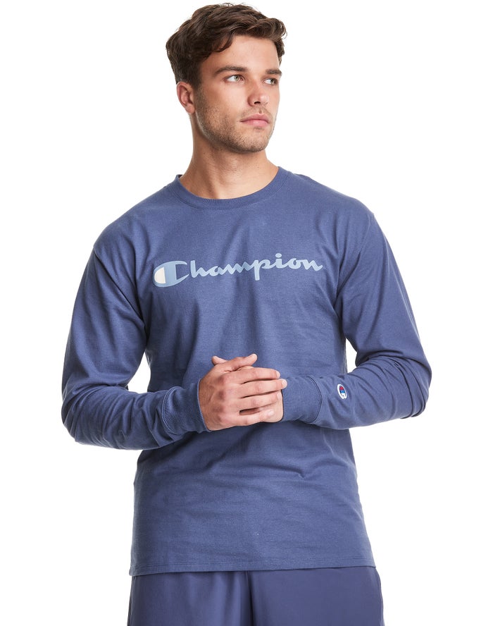 Champion Mens T-Shirt NZ - Classic Long-Sleeve Script Logo Blue ( 0176-GMQCS )